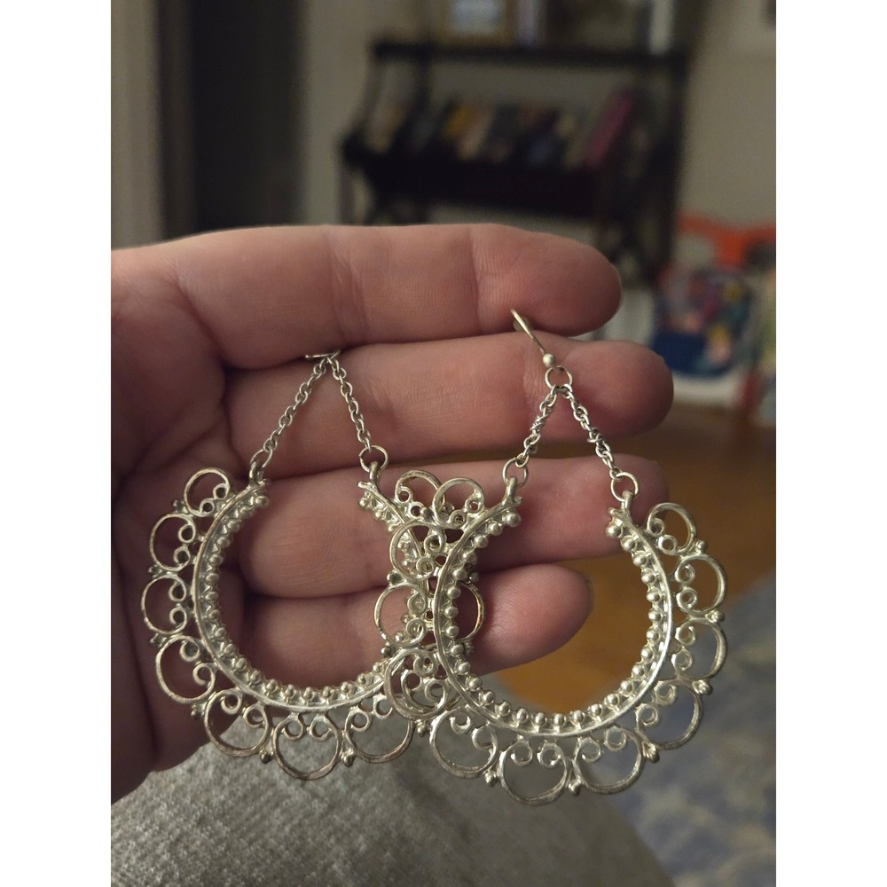 Silvertone Lacy Filagree Dangle Hoopsm Earrings Vintage Boho
